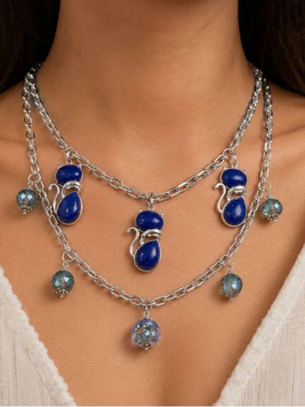 Lapis Cats Double Layered Necklace, Stylized Blue and Silver Choker,